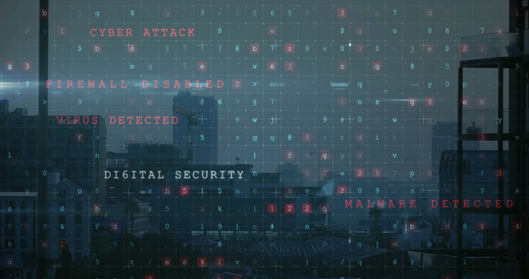 Cybersecurity Threats with Red Alerts Over City Skyline