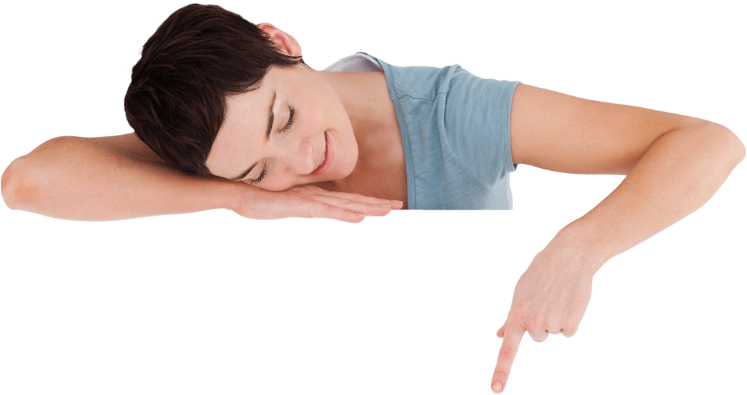 Smiling Woman Pointing Downward on Transparent Background