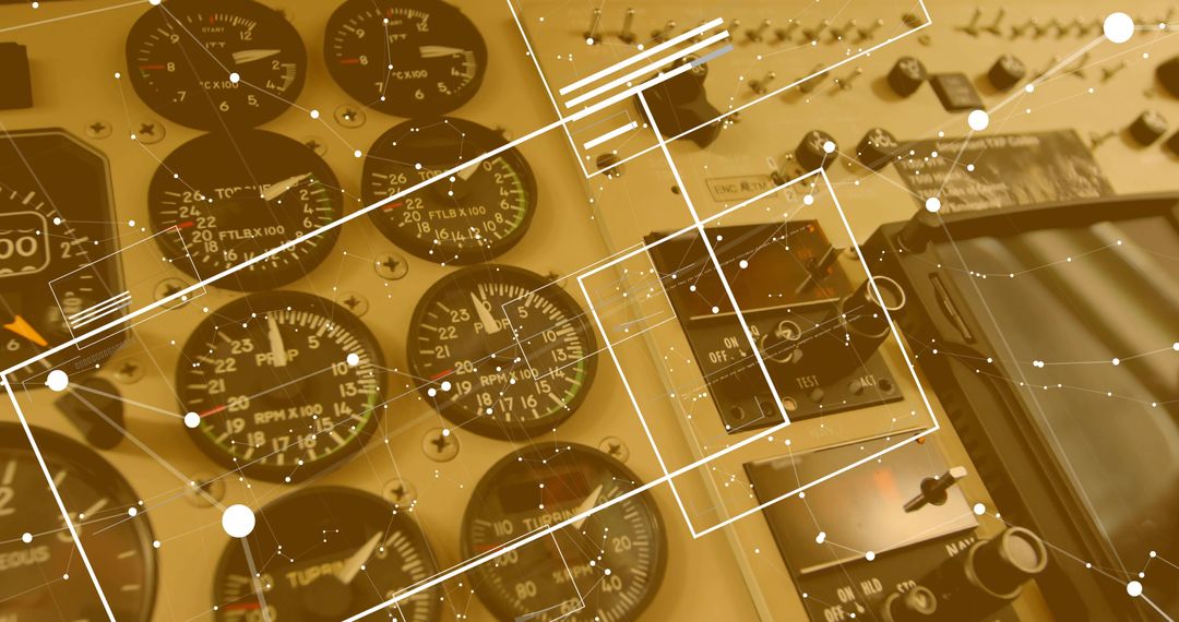 Cockpit Instrument Panel with Analog Gauges and Digital Grid Overlays for Avionics