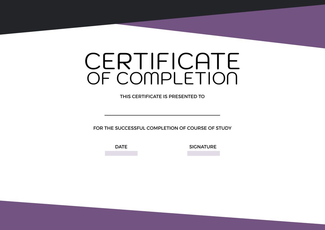 Modern Certificate of Completion Design with Black and Purple Elements - Download Free Stock Templates Pikwizard.com