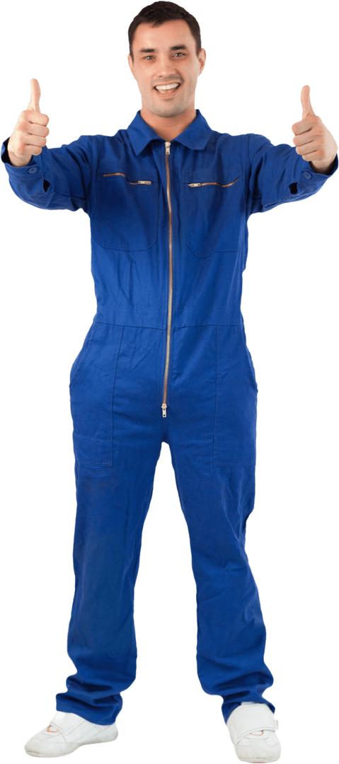 Cheerful Mechanic Giving Thumbs Up in Blue overalls Transparent Background