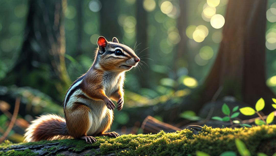 Chipmunk Perching on Mossy Log in Lush Forest Ecosystem