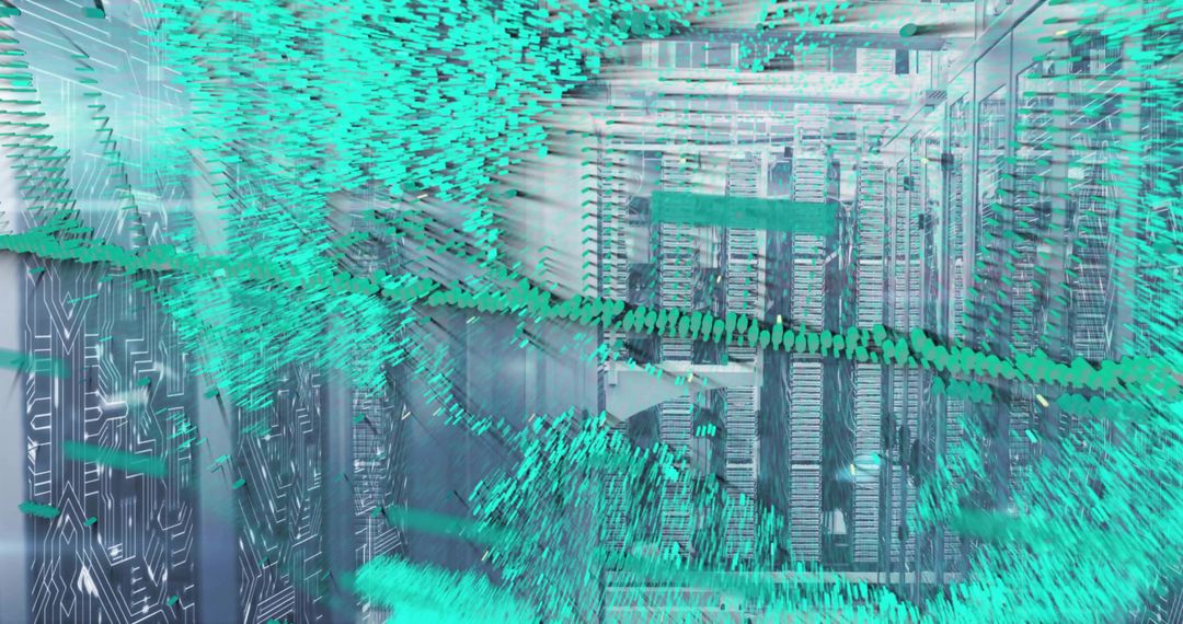 Glowing server racks reflecting teal data visualization, streaming digital particles in data center