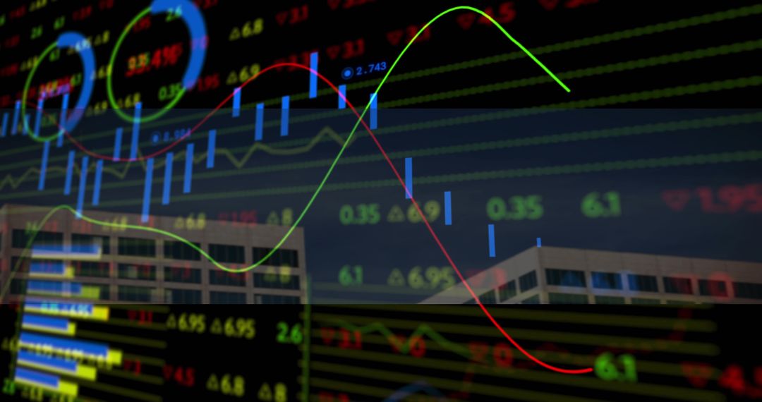 Overlaying Candlestick Charts on Urban Office Skyline Featuring Neon Trading Indicators