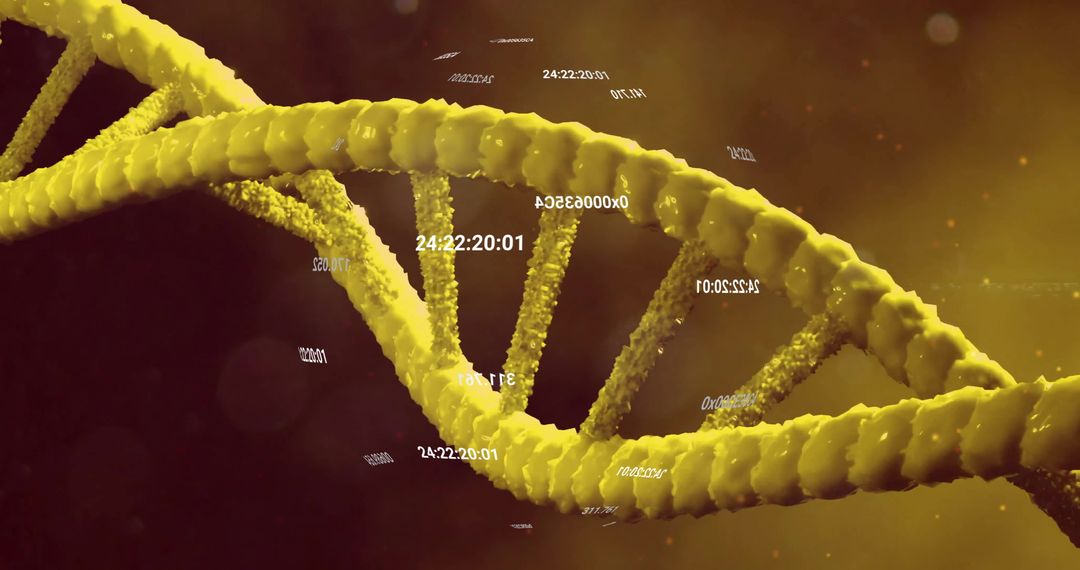 DNA Strand with Scientific Data Overlay in Yellow Tones