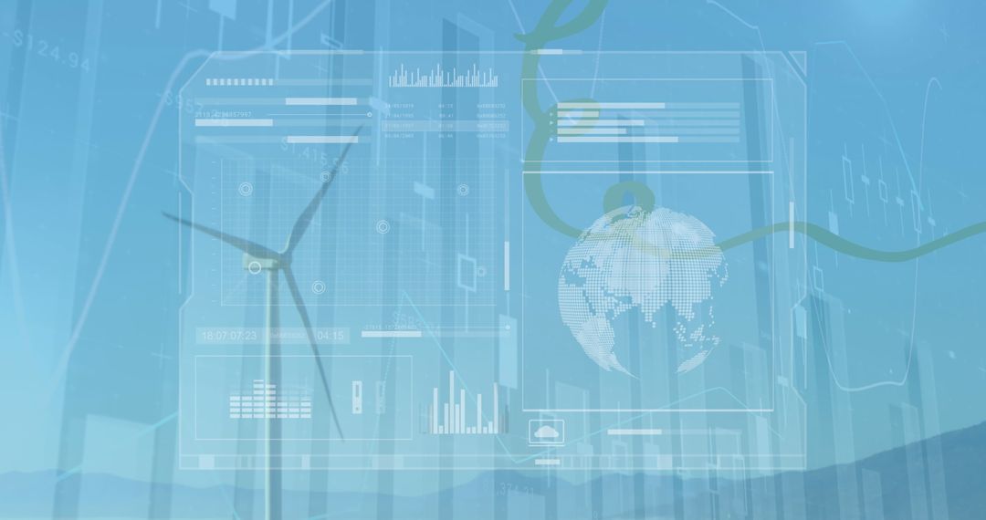 Wind Turbine with Data and Globe, Renewable Energy Concept
