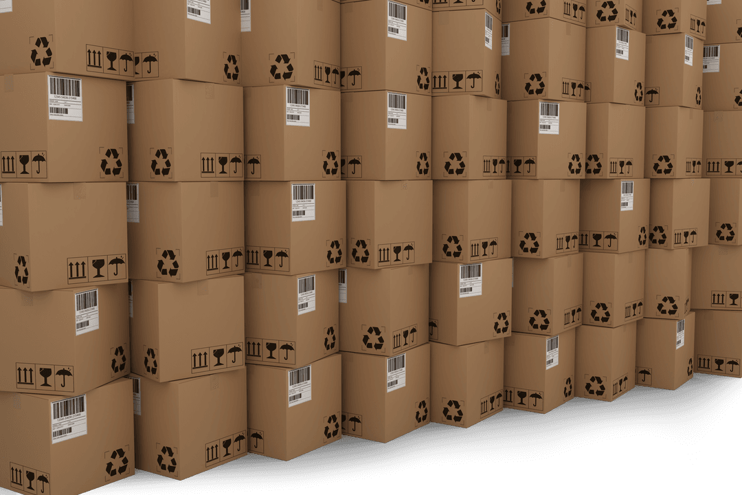 Transparent Stack of Brown Packed Cardboard Boxes with Barcodes
