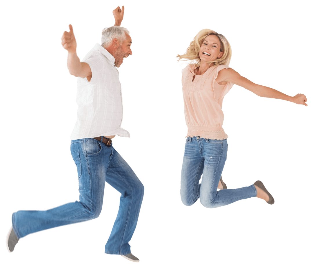 Cheerful Seniors Joyfully Jumping on Transparent Background