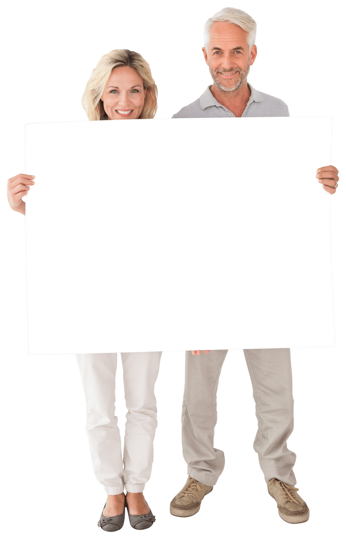 Smiling Adult Couple Holding Transparent Poster Isolated on White Background