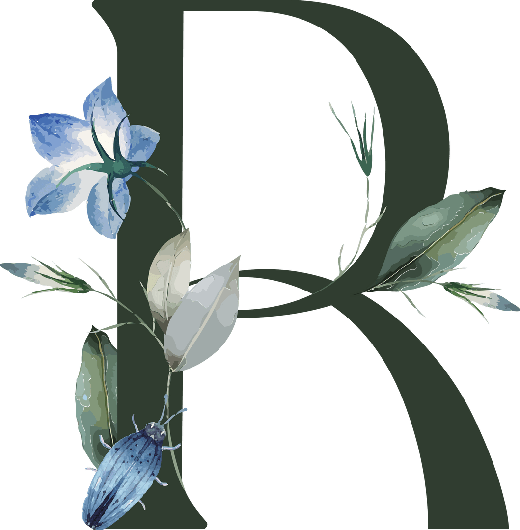 Transparent Botanical Monogram R with Blue Flower and Beetle