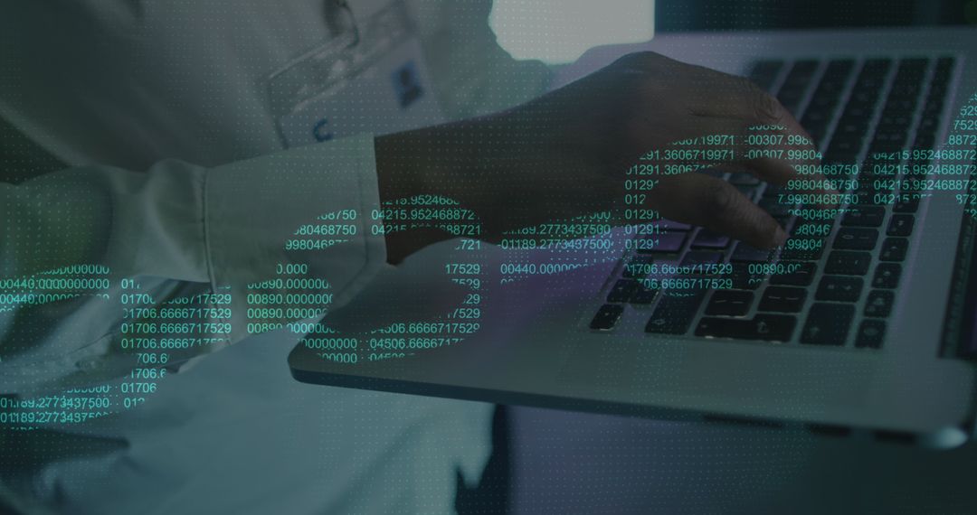 Businessman Using Laptop with Digital Code Overlay