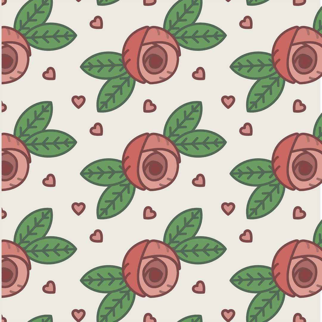 Seamless Floral Pattern with Red Rosic Blossoms and Green Leaves on Transparent Background