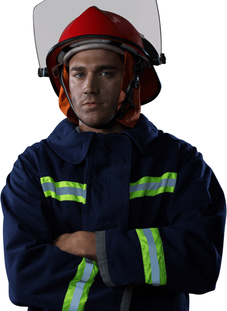 Confident Firefighter in Full Gear Against Transparent Background