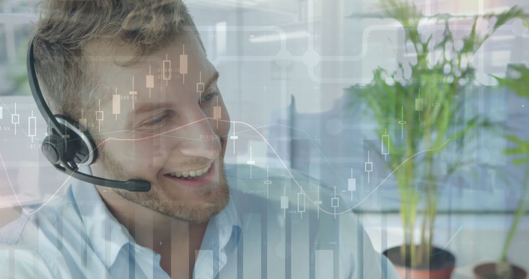 Smiling Businessman in Call Center with Digital Financial Interface