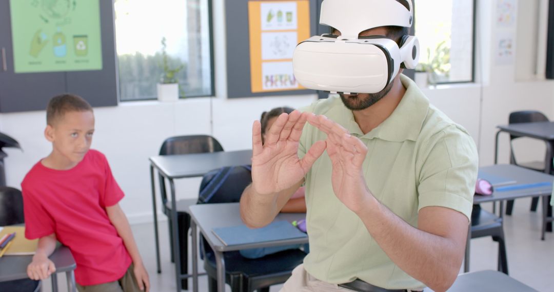 Teacher Using Virtual Reality Headset in Classroom Technology Exploration