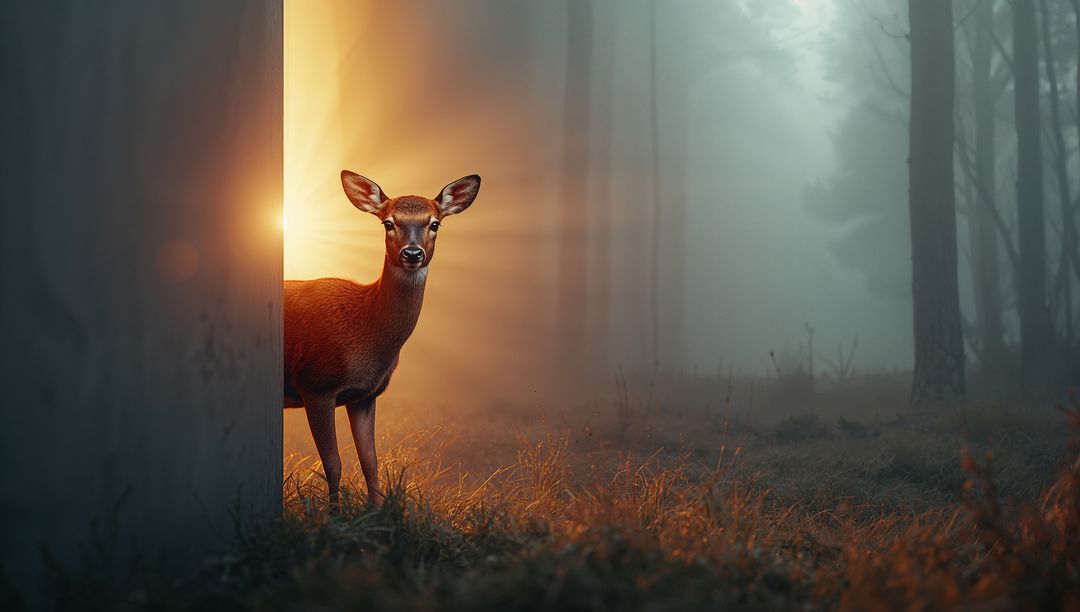 Deer Peering from Tree in Glowing Forest Sunrise