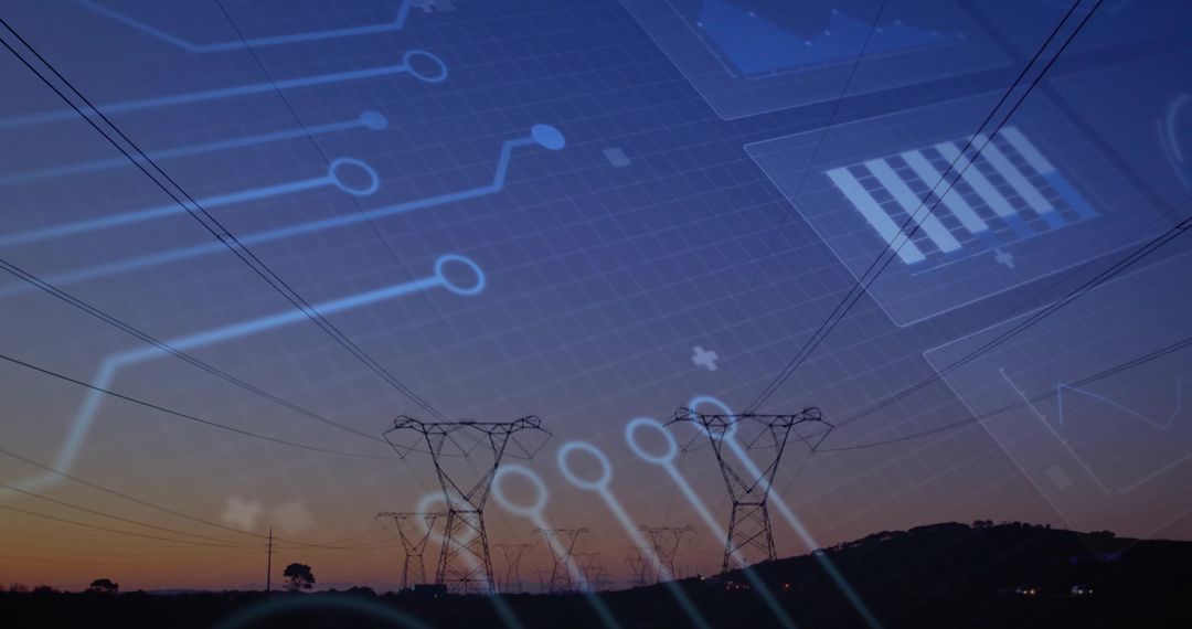 Power Grid System overlaid with Digital Connections and Data Charts at Dusk