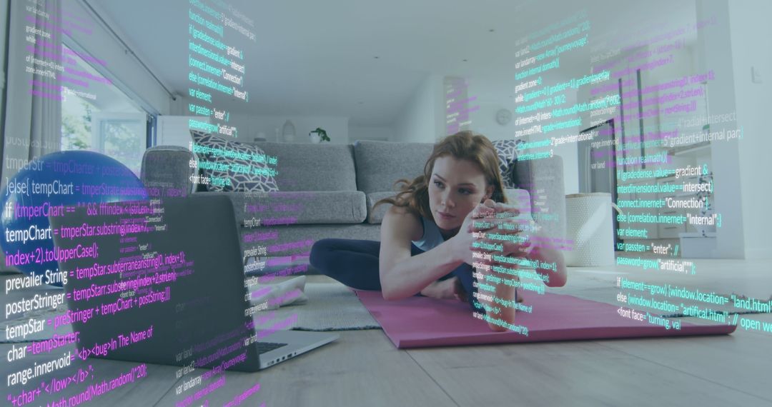 Woman Engages in Digital Exercise with Data Overlay