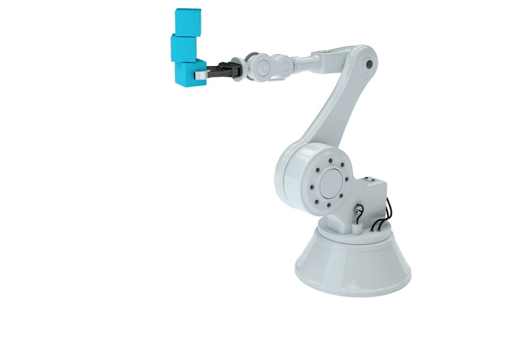 Transparent Robotic Arm Lifting Blue Boxes Isolated on White