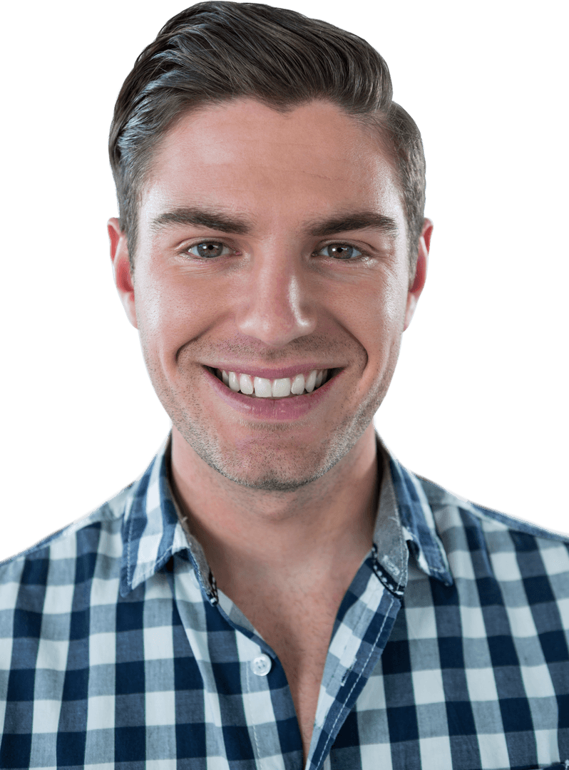 Transparent Smiling Man in Checkered Shirt