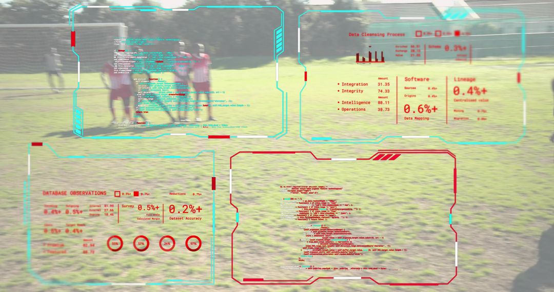 Youth soccer players analyzing performance with augmented reality HUD overlay on grass field