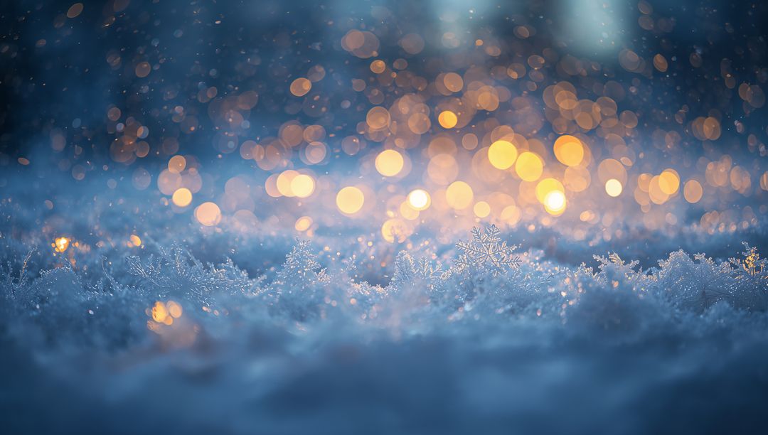 Frost-covered snowflake macro glowing among warm bokeh lights at twilight
