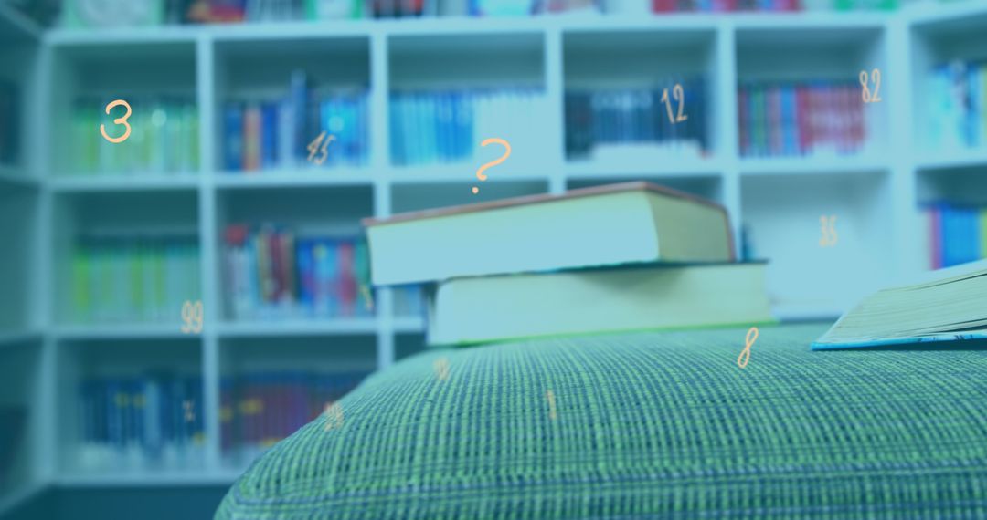 Books in Library with Floating Numbers Representing Knowledge and Education