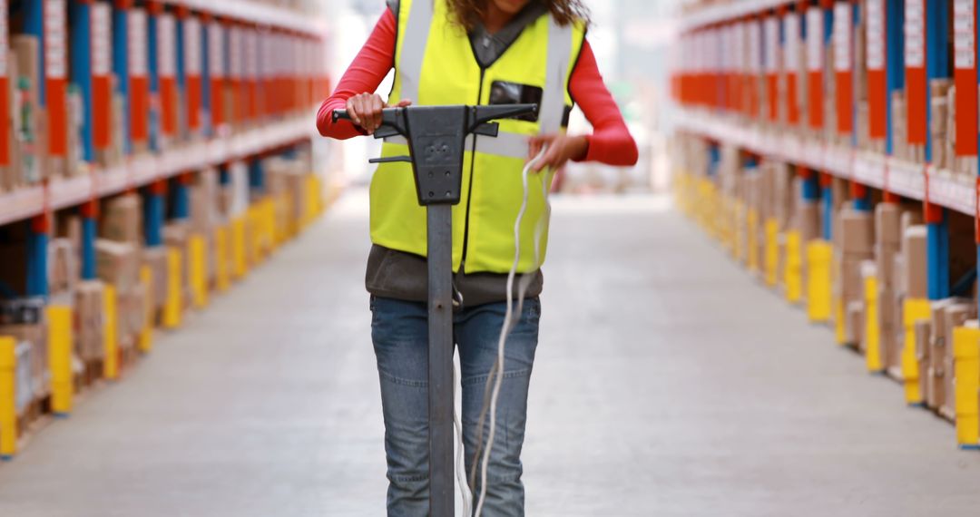 Warehouse Worker Operating Pallet Jack in Distribution Center - Free Images, Stock Photos and Pictures on Pikwizard.com