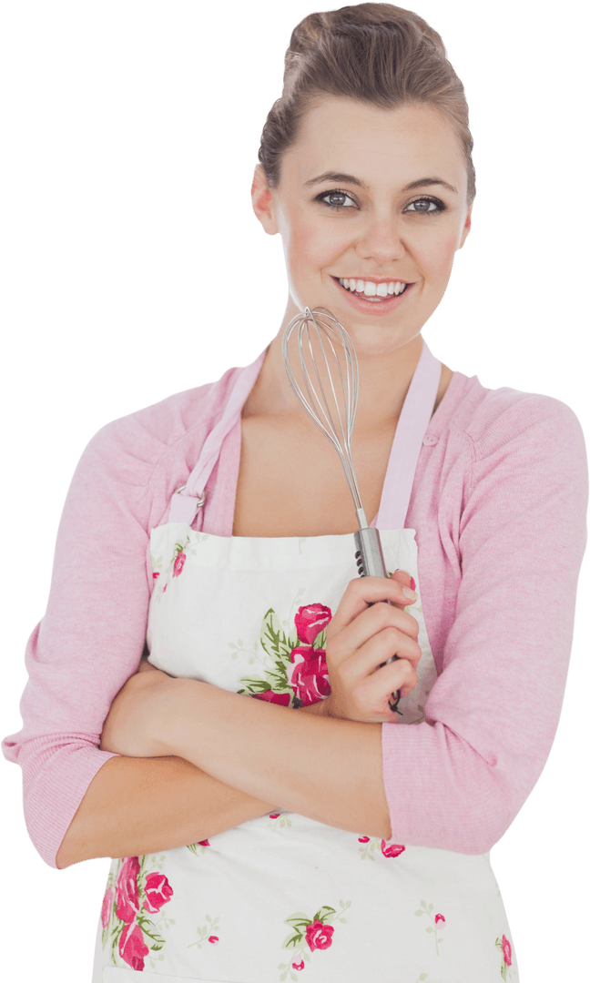 Smiling Woman in Floral Apron Holding Cooking Whisk on Transparent Background