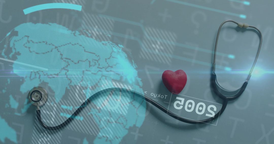 Stethoscope and Heart Model on Grey Table with Digital Map Overlay