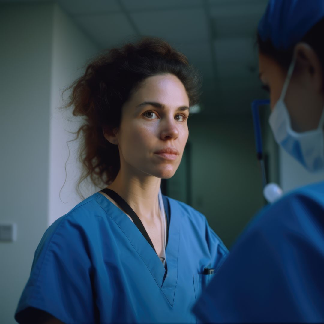 Serious Female Nurse in Scrubs Having Dialogue with Colleague - Free Images, Stock Photos and Pictures on Pikwizard.com