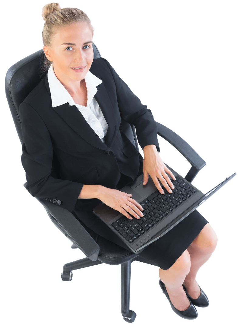 Transparent Businesswoman Working on Laptop in Office Chair