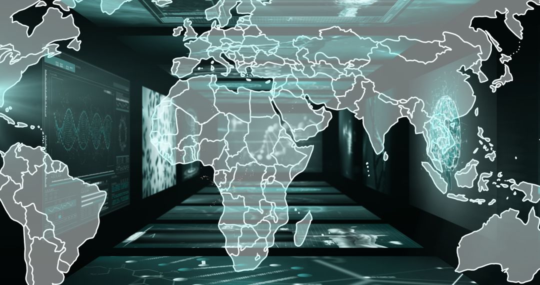 Futuristic Holographic World Map Projection in High-Tech Office