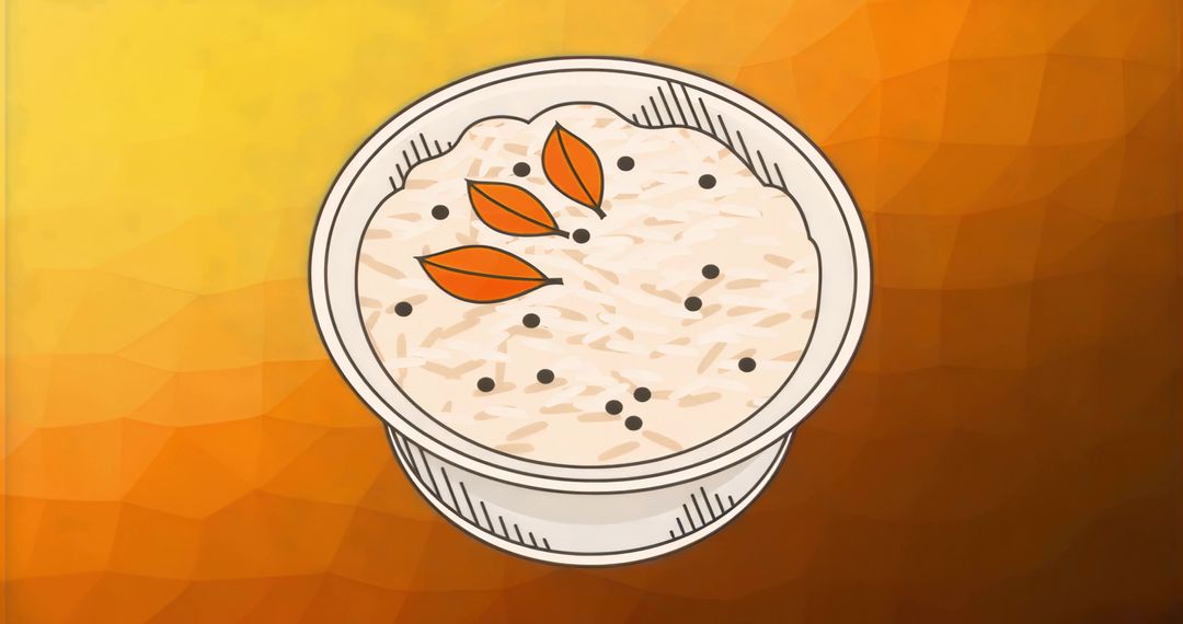 Serving minimalist rice bowl with peppercorns and orange leaf garnish on warm gradient