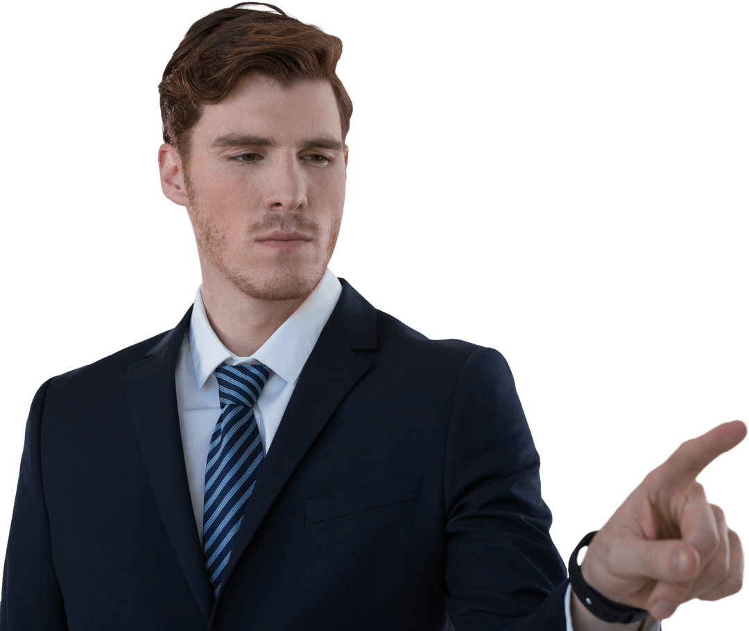 Transparent Businessman Pointing at Screen in Gesture