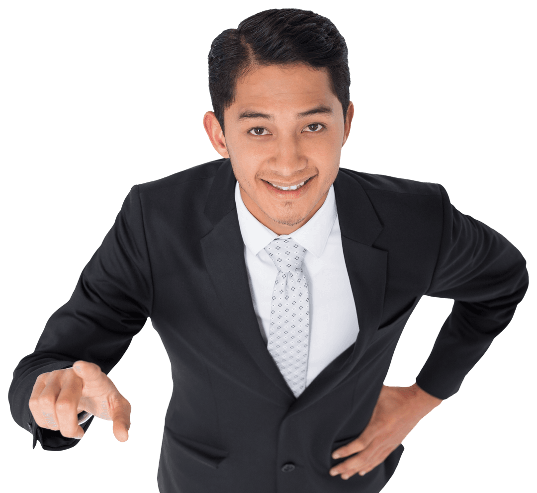 Confident Biracial Businessman Pointing Finger Transparent Background
