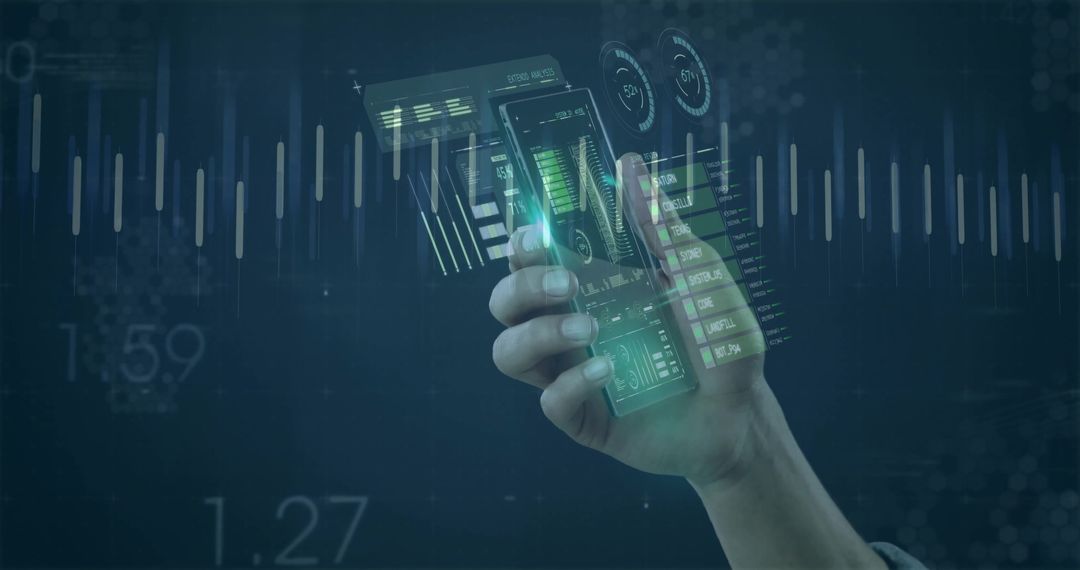 Hand Holding Smartphone with Holographic AR Dashboard