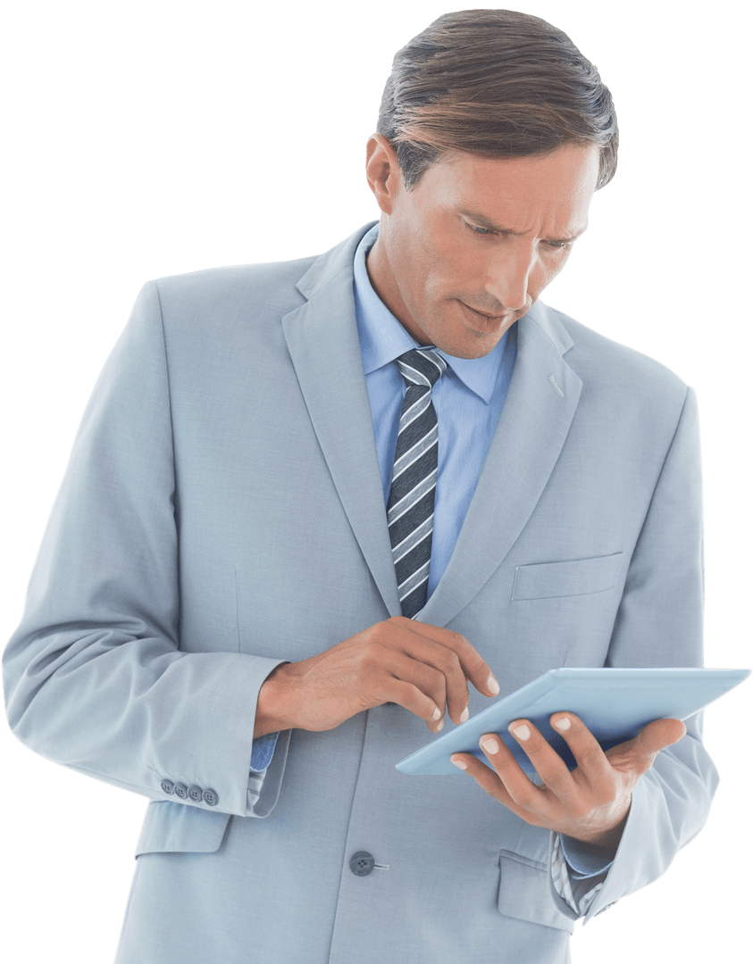 Transparent Businessman Operating Tablet in Light Suit