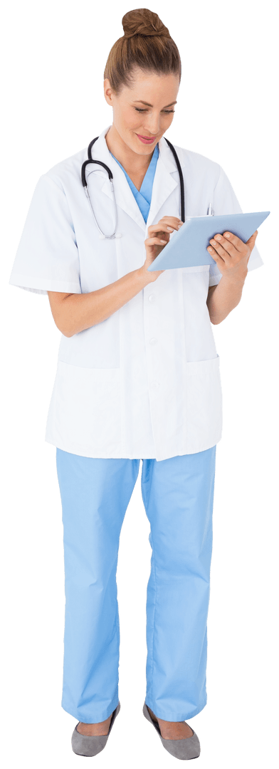 Smiling Nurse in Uniform Using Tablet on Transparent Background