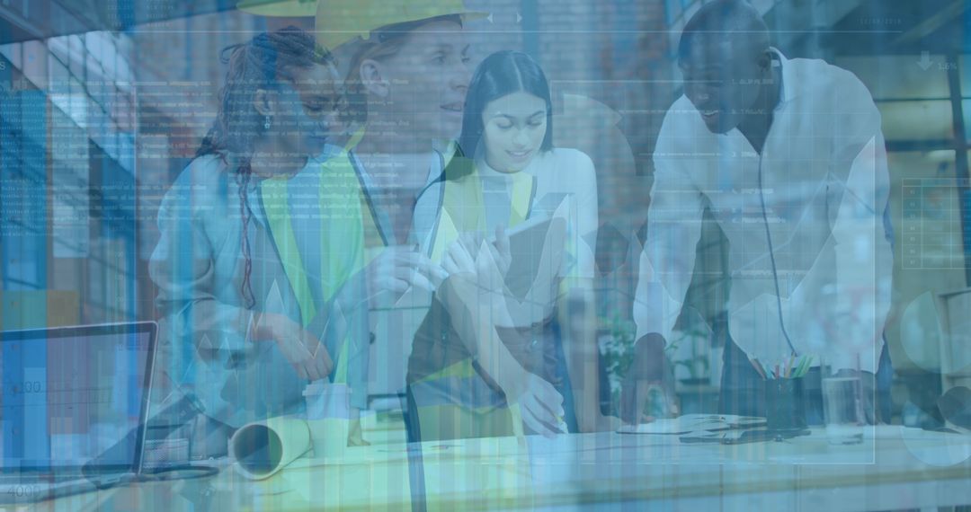 Diverse Team Collaborating Amid Digital Data Overlay