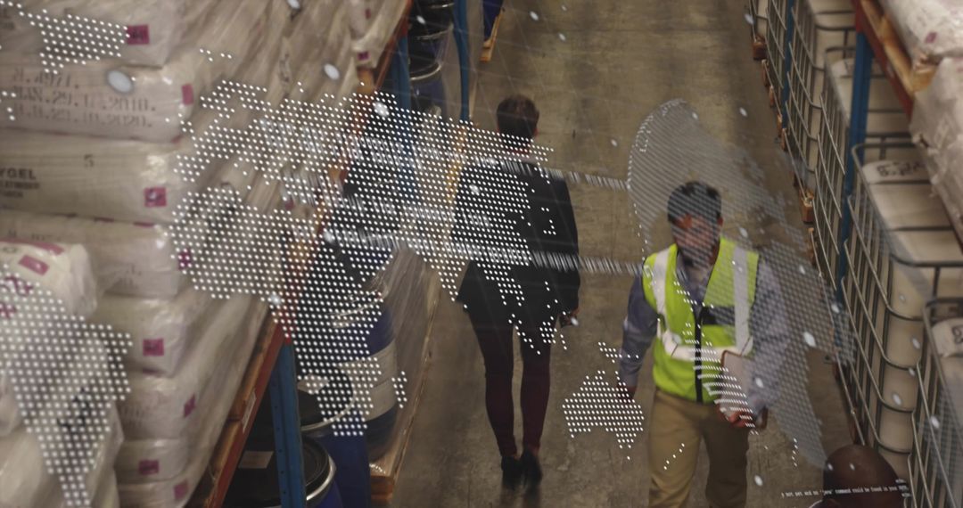 Warehouse team walking aisle wearing hi-vis vests with inventory and global map overlay