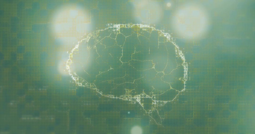 Glowing Neural Network Brain Over Teal Data Grid with Circuitry and Honeycomb Nodes