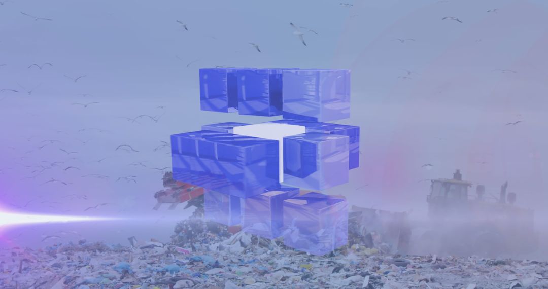 Digital Cube Over Landfill Depicting Pollution and Recycling