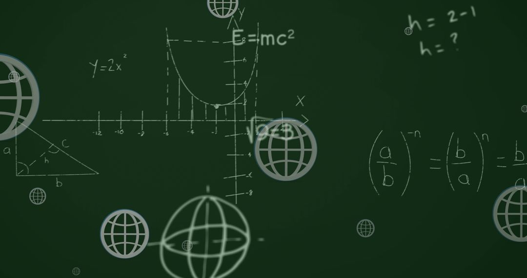 Mathematical Equations with Globe Icons on Green Chalkboard Background