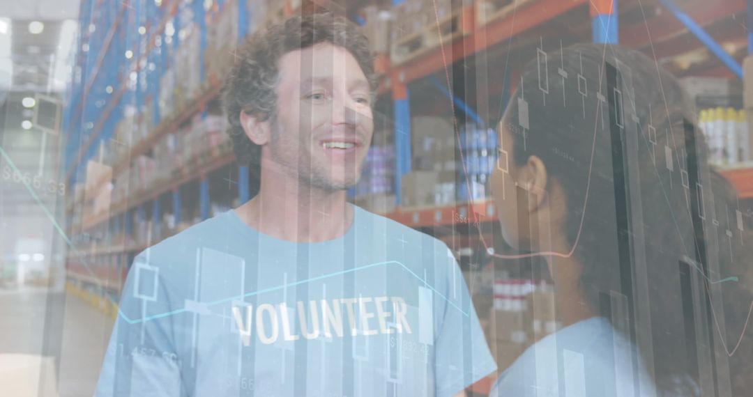 Volunteers Working in Warehouse with Overlaid Data Graphics