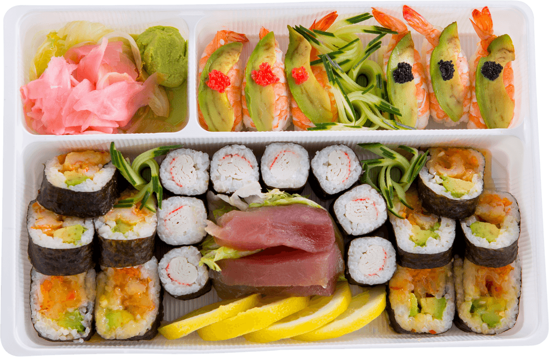 Transparent Sushi Platter with Assorted Japanese Delicacies