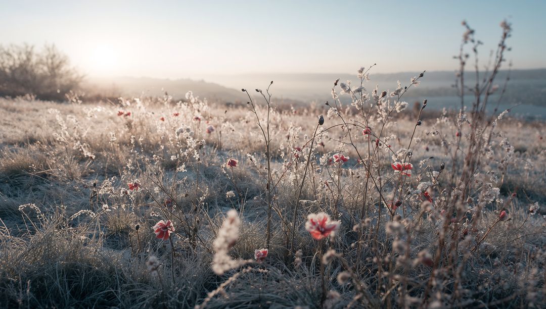Dawn meadow bathing in frosty light with backlit red wildflowers and misty pastel morning