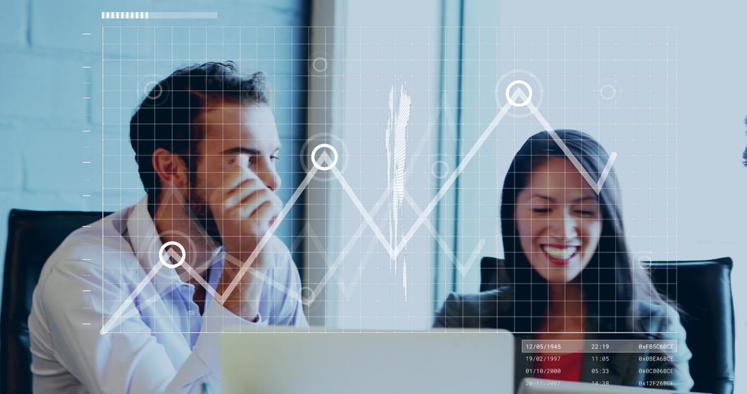 Business Team Analyzing Financial Growth Data with Global Graph Overlay