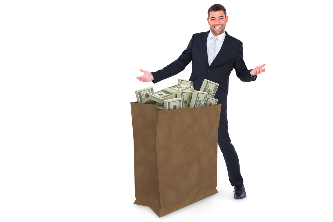 Businessman Carrying Transparent Bag of Dollars in Joyful Pose - Download Free Stock Images Pikwizard.com