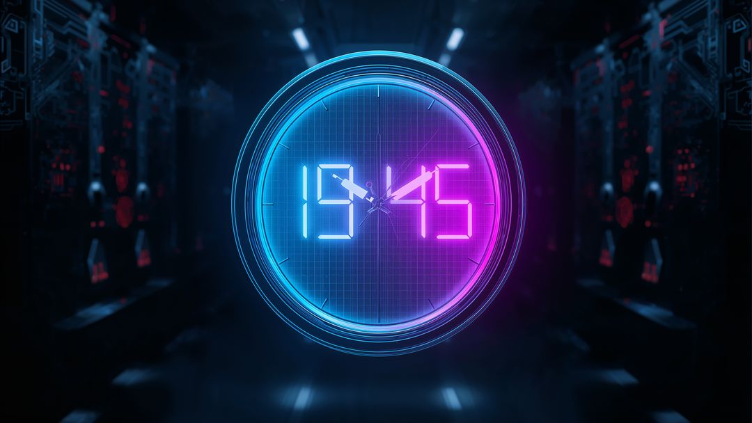 Futuristic Neon Digital Clock in Tech Corridor